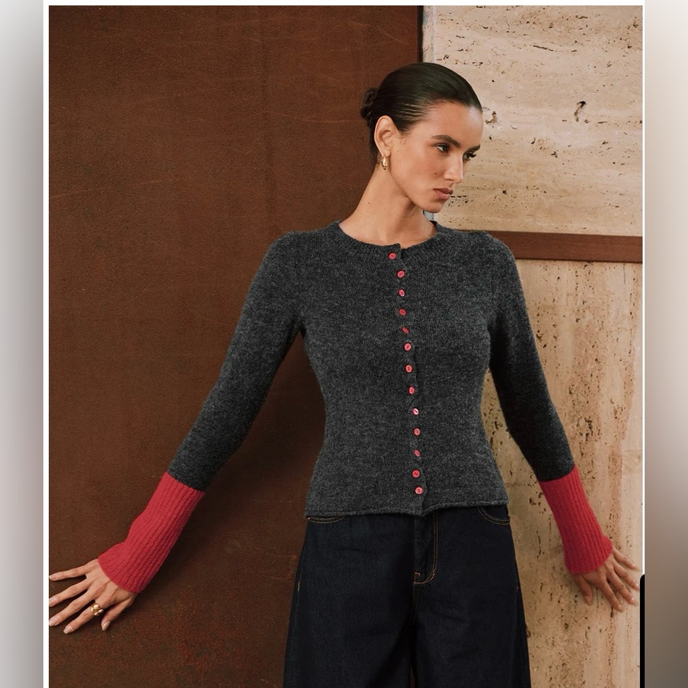 Contrast Cuff Wool-Blend Cardigan - Picture 4 of 7